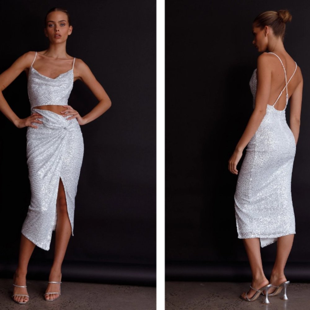 Selfie Leslie Miami Nights Cowl Neckline Twist Feature Midi Dress Sequin Silver